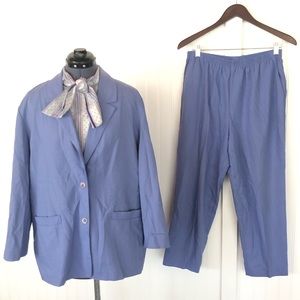 Vintage 80s 90s Purple Linen Suit Pantsuit Loose Oversized Blazer Elastic Waist